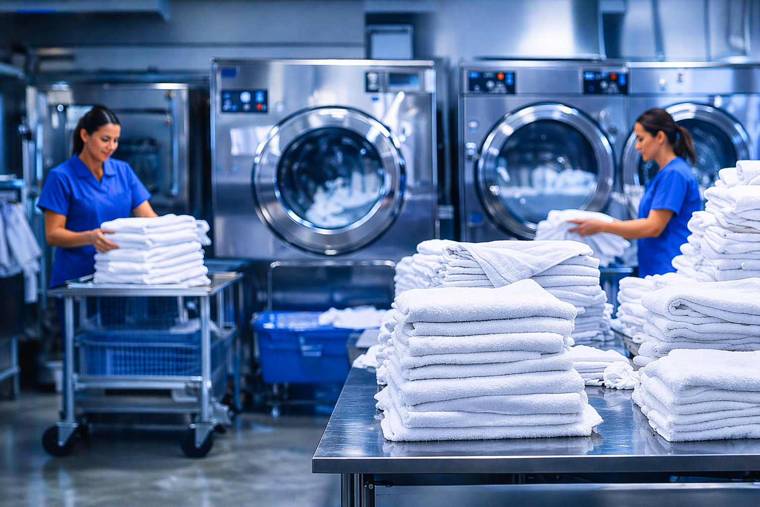 Commercial laundry banner with industrial machines and folded towels for business service